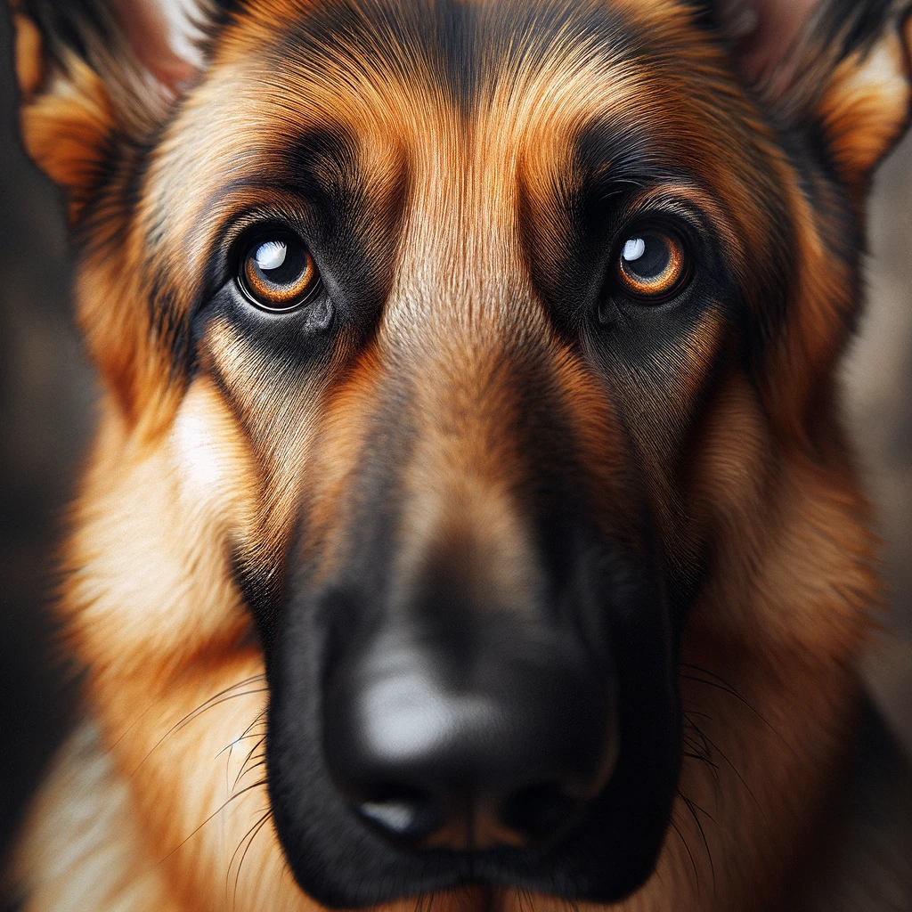 Create a close-up image of a German Shepherd with kind, intelligent eyes that reflect its loyal and gentle nature. The focus should be on the dog's face, capturing the warmth and depth of its gaze, which embodies the strong emotional bond German Shepherds share with their human companions. This image should highlight the breed's alertness and intelligence, while also showcasing the softness and empathy present in their expression, making it clear this is a creature of both strength and heart.