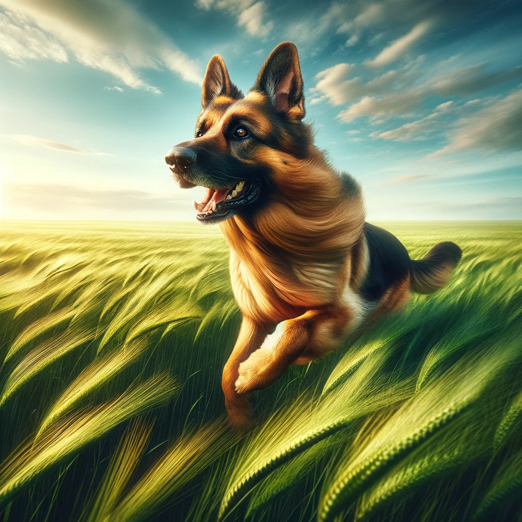 Visualize a majestic German Shepherd running freely through a sprawling field under a clear blue sky. The field is vibrant with green grass, swaying gently in the breeze, creating a sense of motion and freedom. The dog's coat is glossy and well-maintained, reflecting its vitality and health. Its ears are perked up, and its mouth is open slightly, capturing the essence of joy and exhilaration of the run. The scene is bathed in the golden light of late afternoon, enhancing the dynamic and picturesque quality of the moment. This image embodies the spirit of adventure and the bond between nature and the canine spirit.
