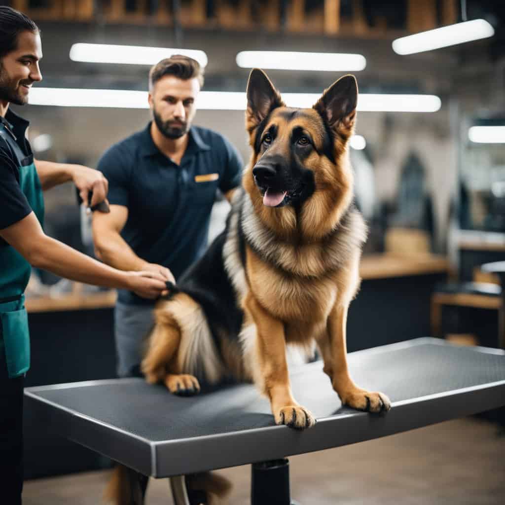 A German shepherd stands on a grooming table, its fur being brushed and trimmed by a groomer