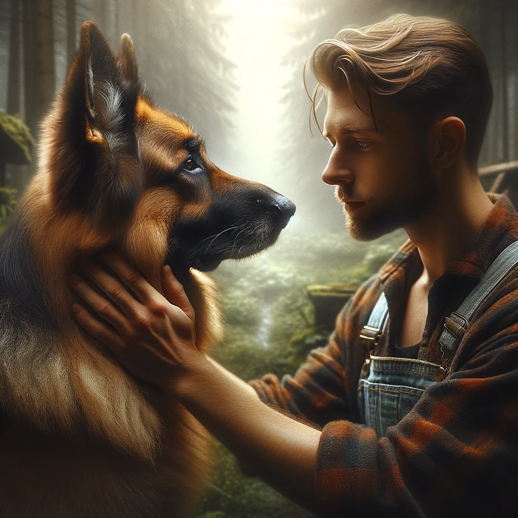 Create a photo-like image that captures a heartfelt moment of bonding between a German Shepherd and its owner, highlighting the deep emotional connection they share. The scene should depict a serene and intimate setting, such as the owner and the German Shepherd gazing into each other's eyes, the dog receiving a gentle pat or hug, or sharing a peaceful walk together. The image should convey the loyalty, trust, and affection that epitomize the unique relationship between a German Shepherd and its human companion, with a focus on realistic details and expressions to evoke a sense of warmth and companionship.